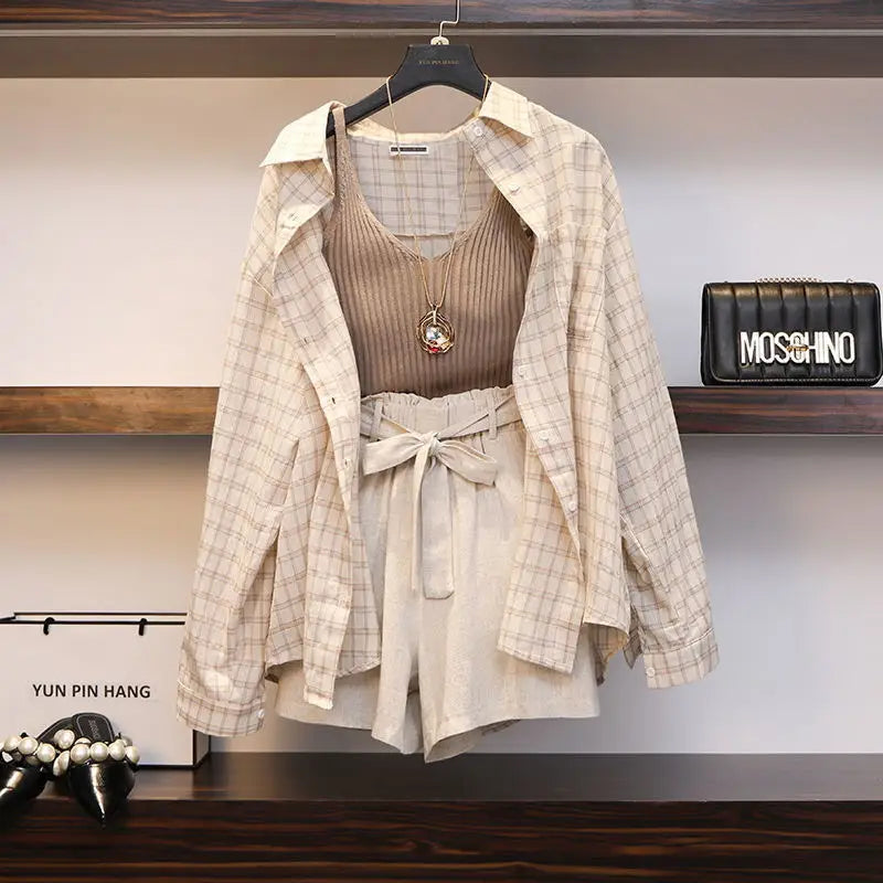 Lillymoda | Elianna - Lässig Kariertes Trendiges Set [Top, Shirt+kurze Hose]