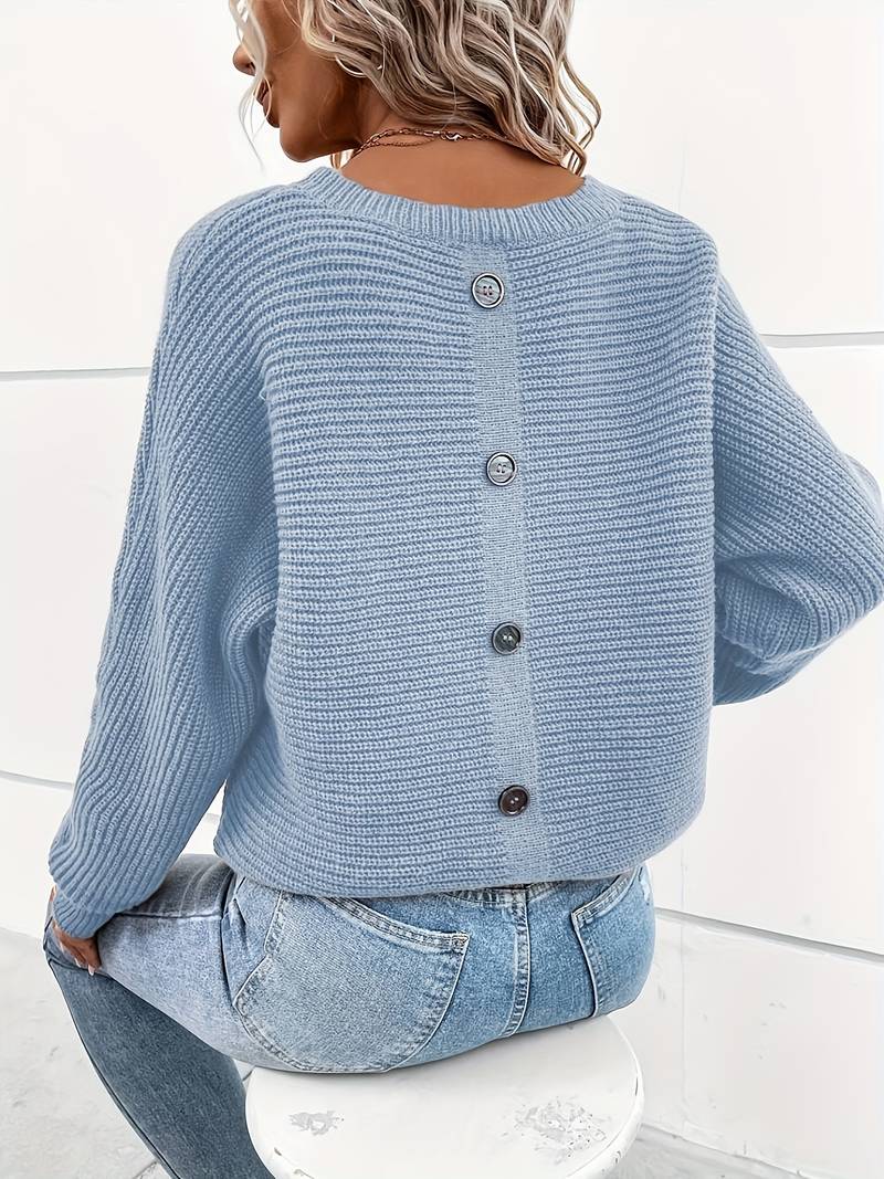 Afina - Damen Einfarbiger Pullover mit Knopfleiste auf der Rückseite