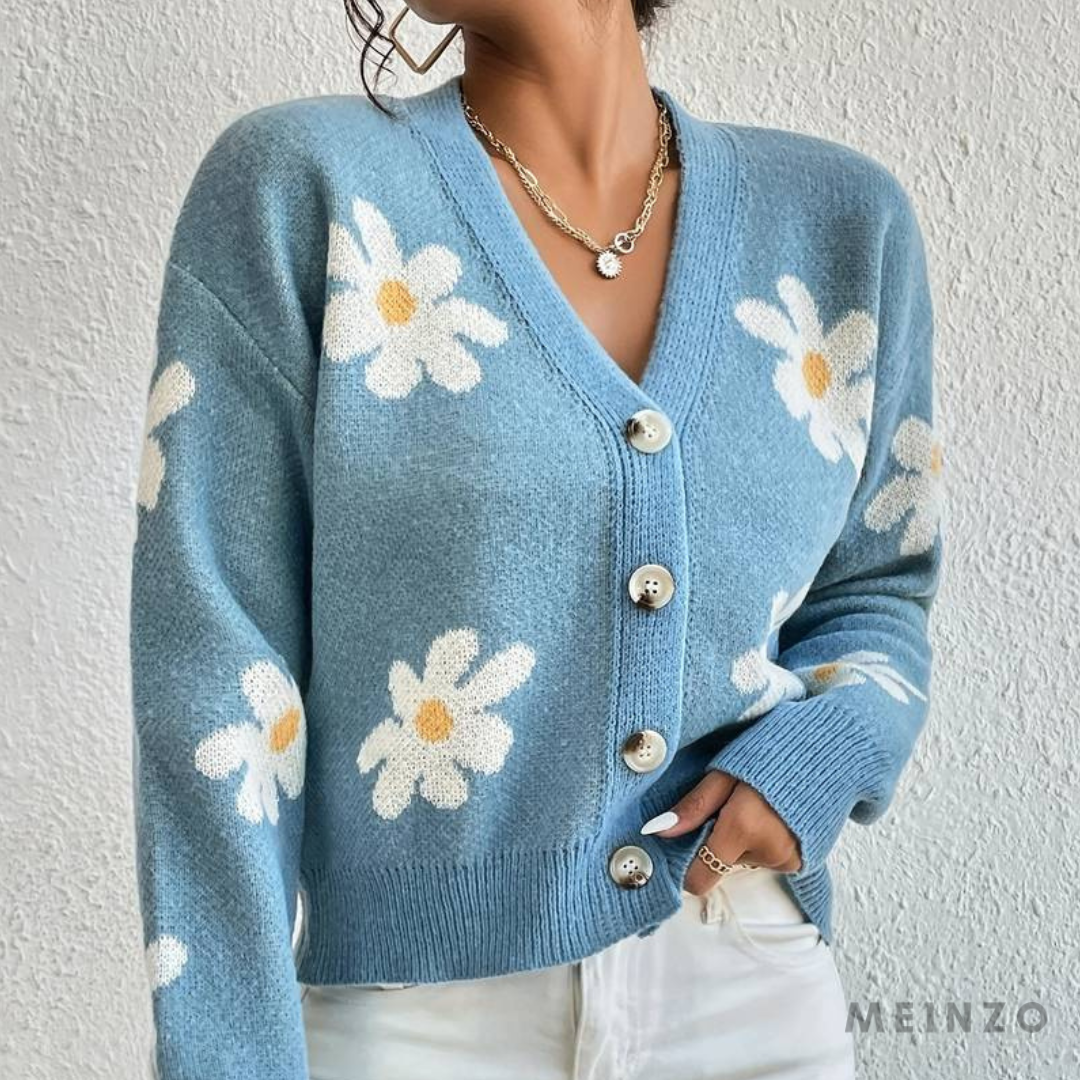 Irma-Strickjacke | Gestrickte Strickjacke mit überschnittenen Schultern und Blumenmuster