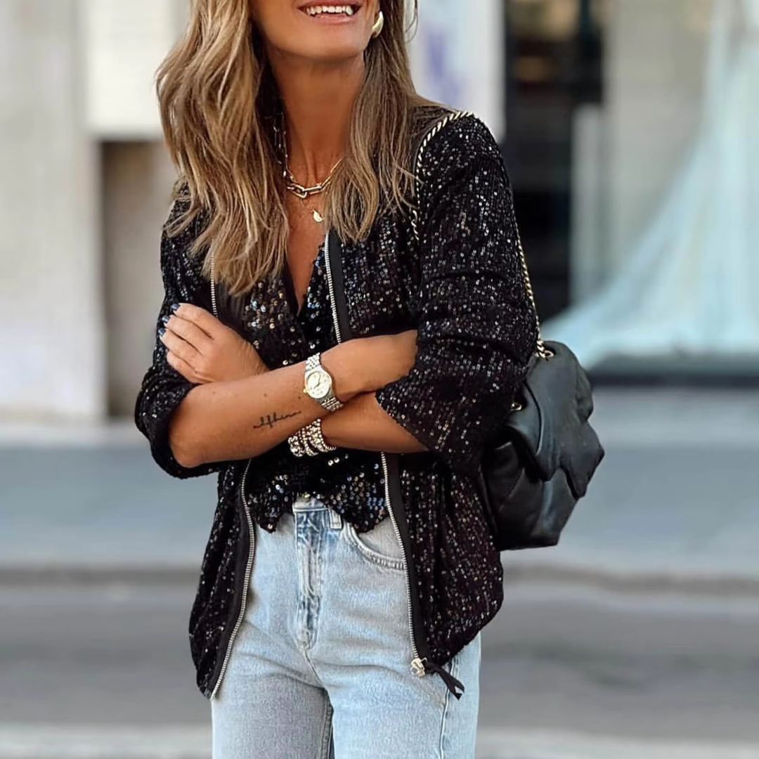 Elisa Jacke | Stilvolle Glitzer-Cropped-Jacke mit Reißverschlussdetail