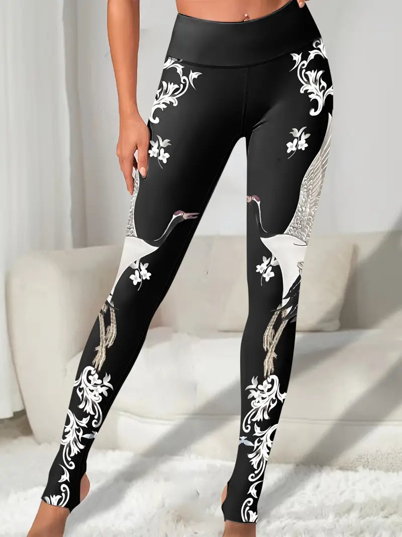 Warme Yoga-Leggings mit Kranich-Design für Stil & Komfort