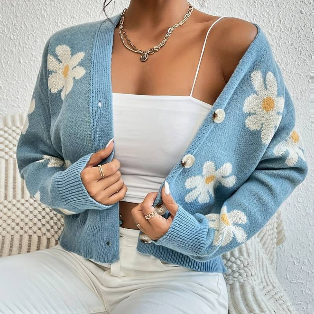 Irma-Strickjacke | Gestrickte Strickjacke mit überschnittenen Schultern und Blumenmuster
