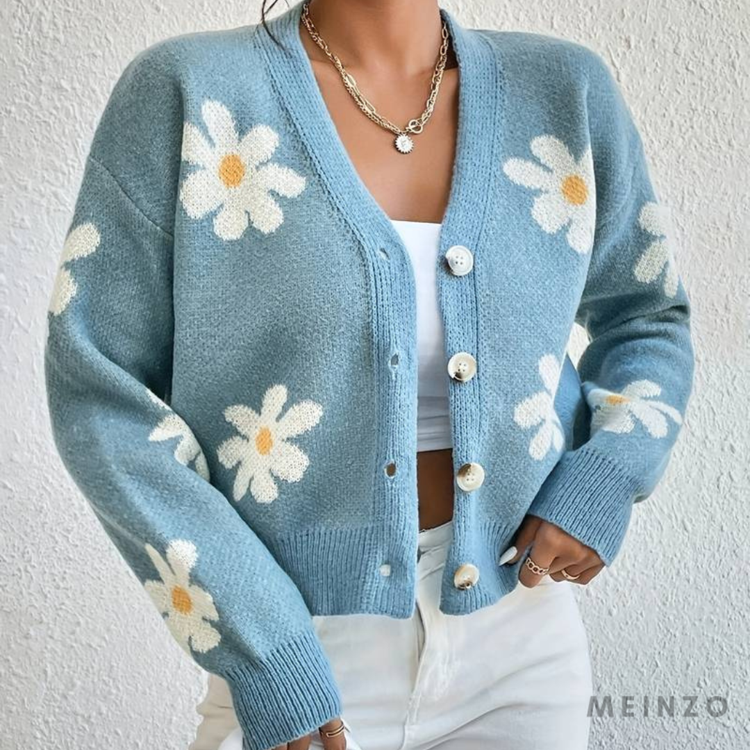 Irma-Strickjacke | Gestrickte Strickjacke mit überschnittenen Schultern und Blumenmuster