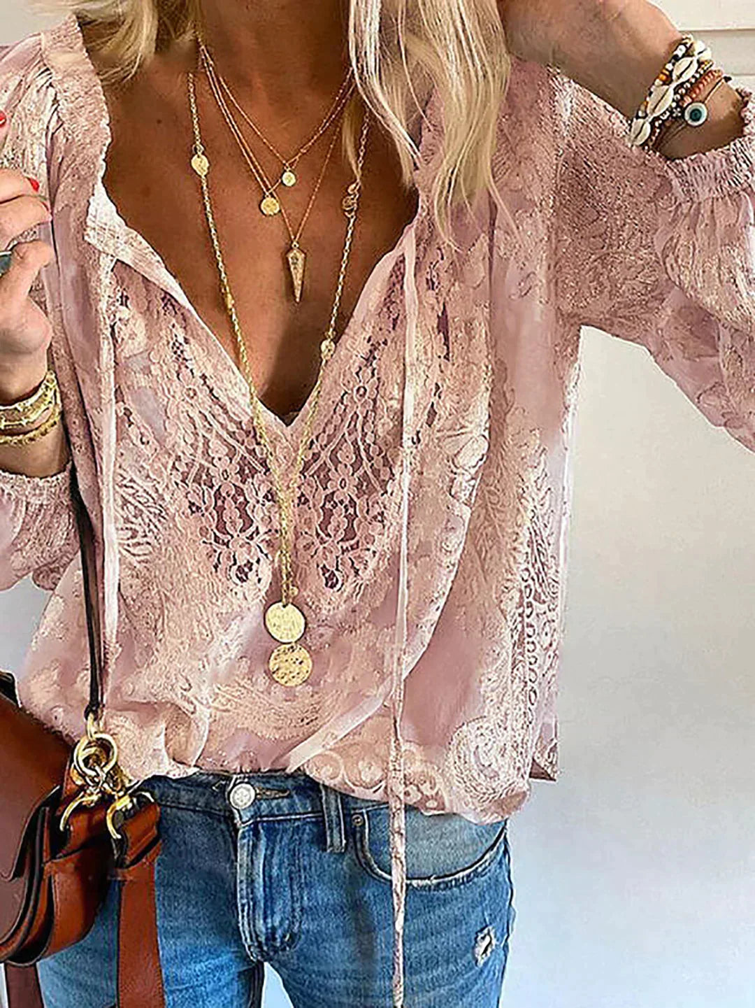 Lillymoda | Isabelle - Boho-Spitzenbluse mit V-Ausschnitt