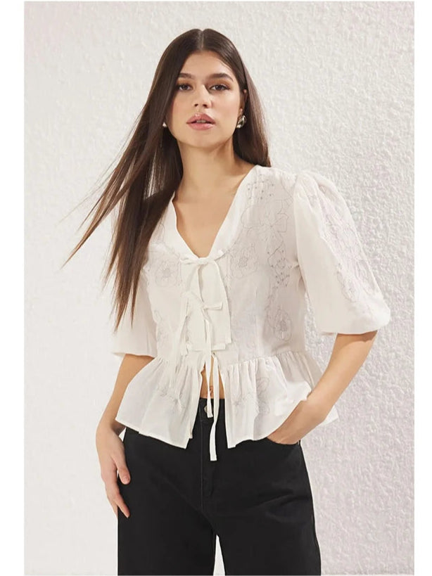 Damen Schnürbluse | Puffärmel
