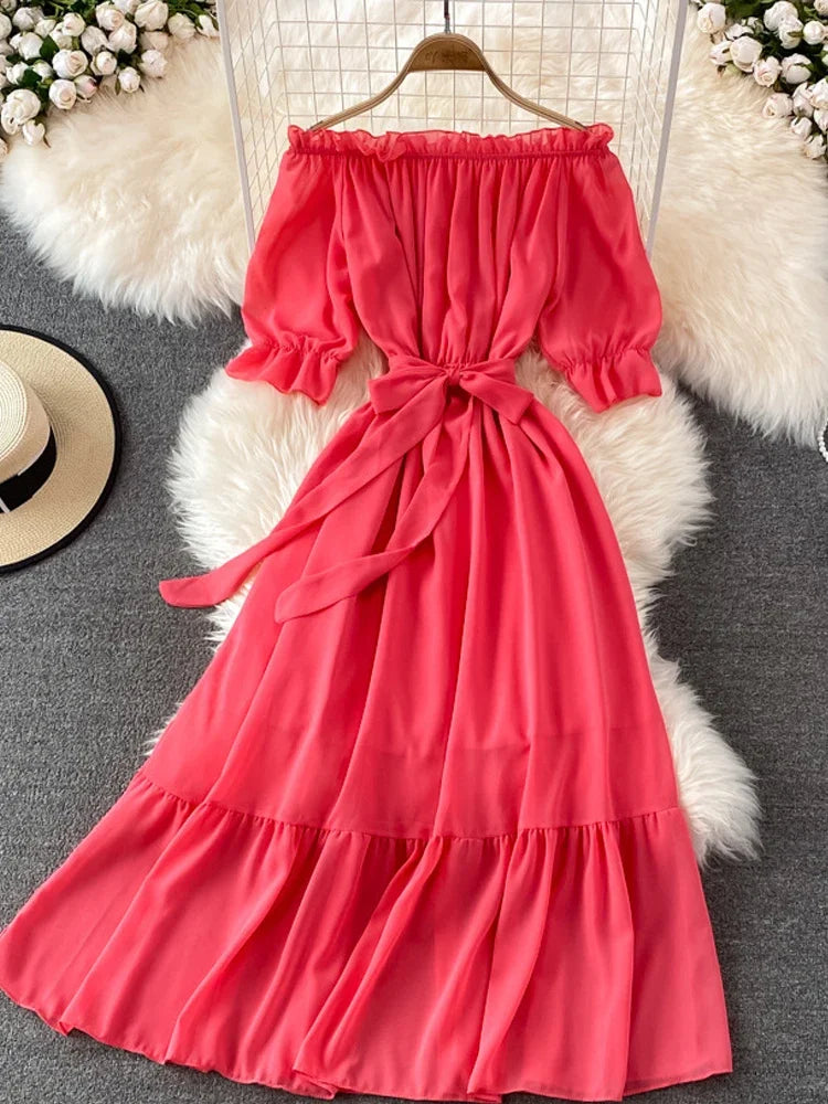 Lillymoda | Jayda - Stilvolles schulterfreies Chiffon-Kleid