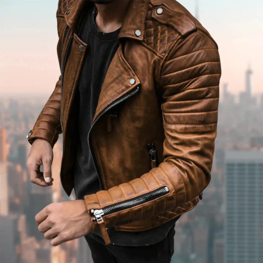 Bikerjacke | Herren-Motorradjacke aus Leder mit Reißverschluss und normaler Passform