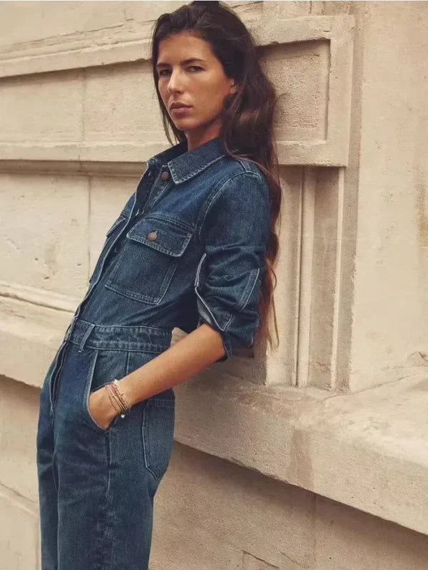 Braelyn - Langärmliger Overall aus blauem Denim mit stilvoller Verzierung vorne