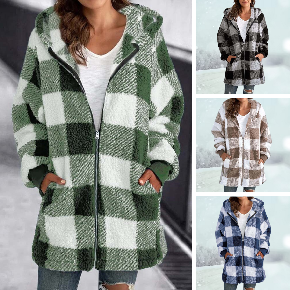 Lillymoda | Eliza - Kuschelige karierte Winterjacke mit Kapuze
