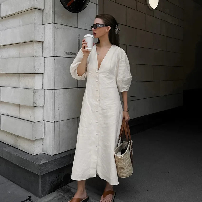 Lillymoda | Alyssa - Langes Rückenfreies Kleid mit Puffärmeln