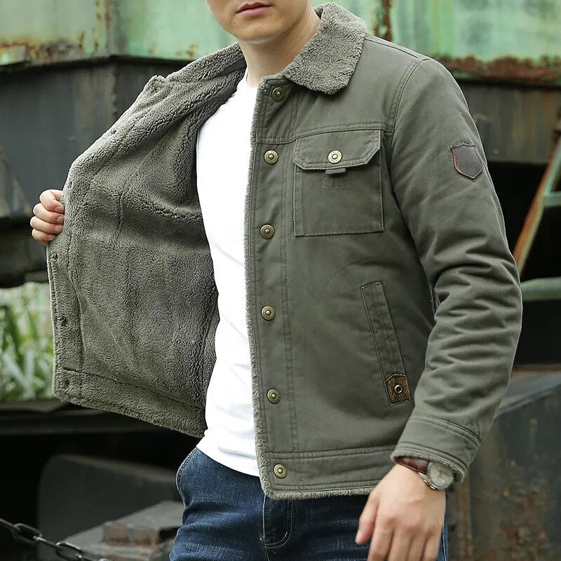 Fliegerjacke – Taschen – mit Knöpfen – Fleece-gefütterte Jacke – Winterjacke für Herren