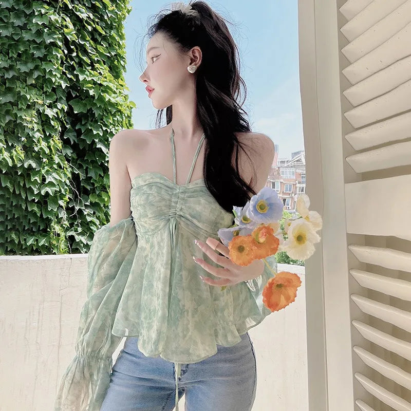 Wanda - Florale Süße Schulterfreie Chiffonbluse