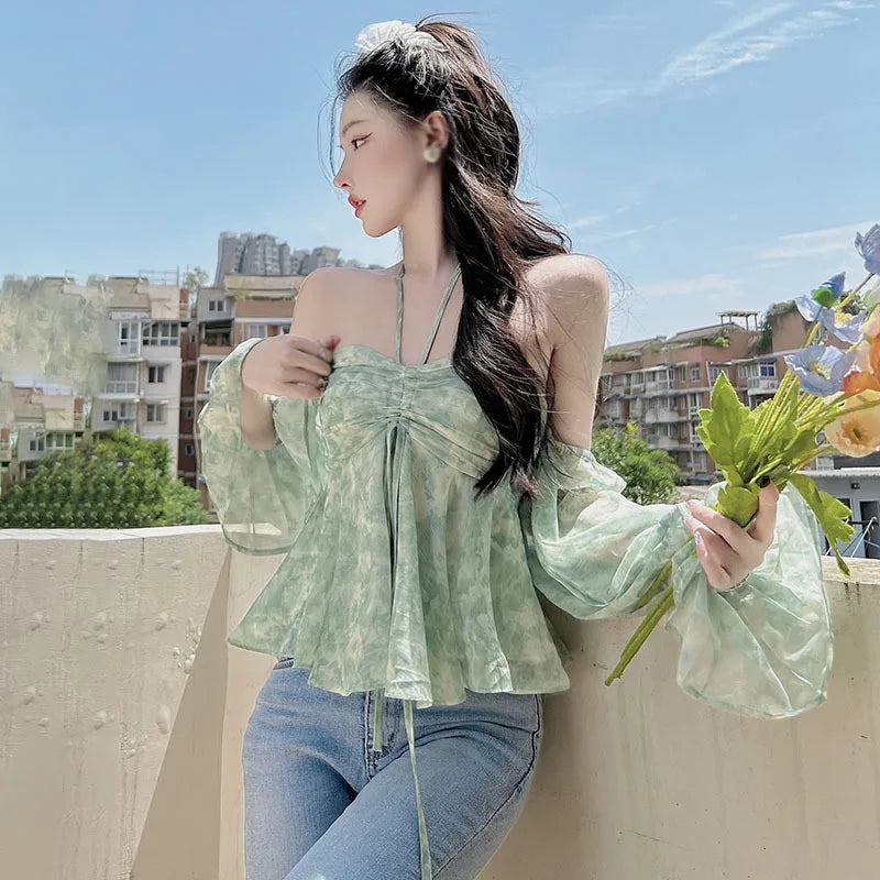 Wanda - Florale Süße Schulterfreie Chiffonbluse