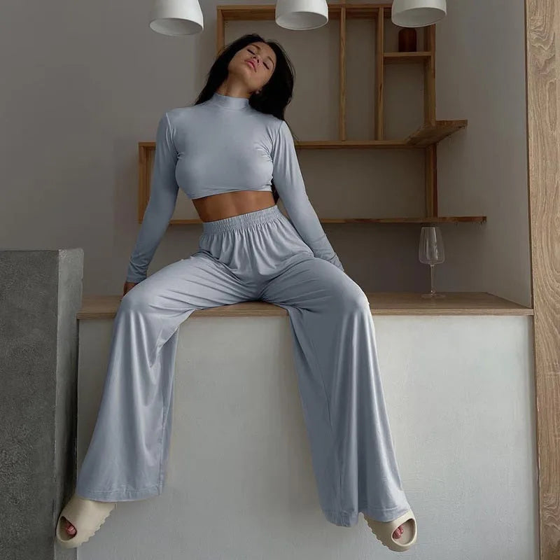 Set aus Langarm Crop Top und Weiten Hosen – Sportlich und Elegant für Herbst/Winter - Roya