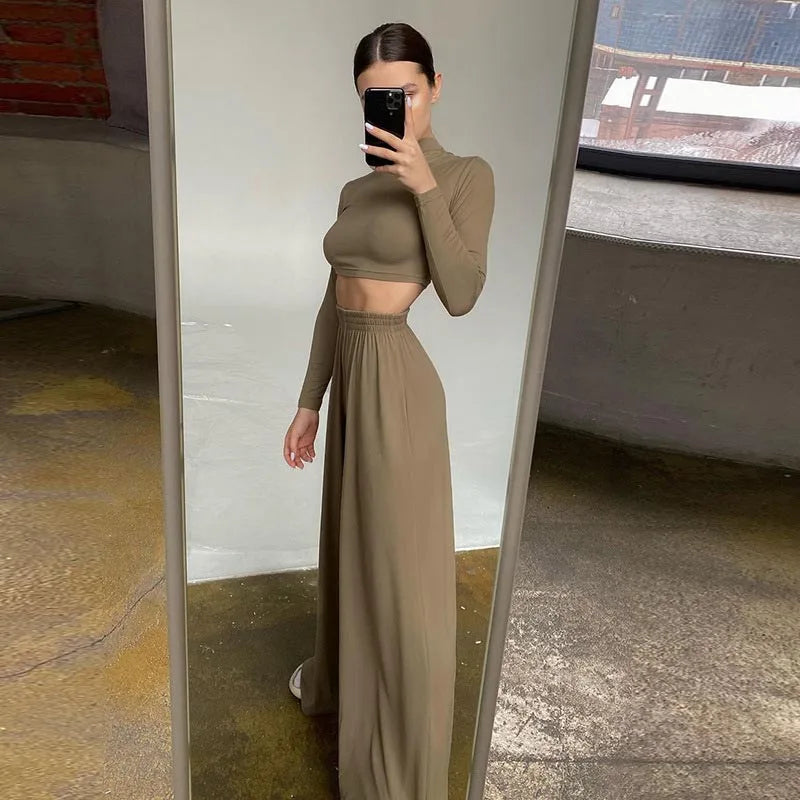 Set aus Langarm Crop Top und Weiten Hosen – Sportlich und Elegant für Herbst/Winter - Roya