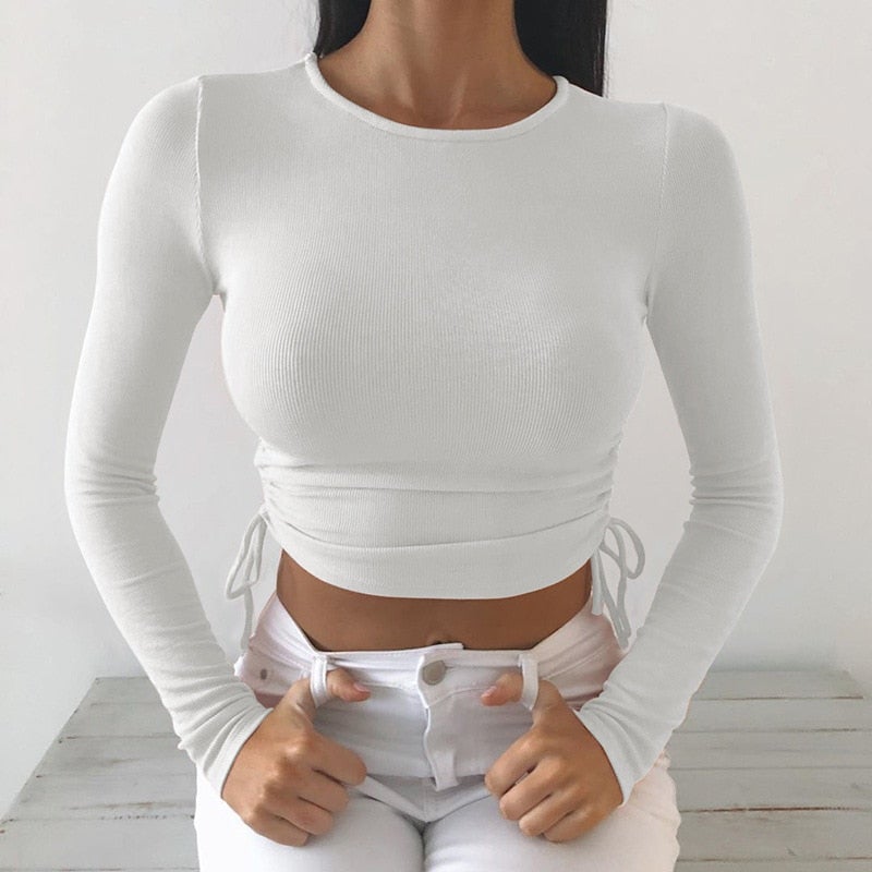 Langärmliges Damen-Shirt mit seitlicher Schnürung