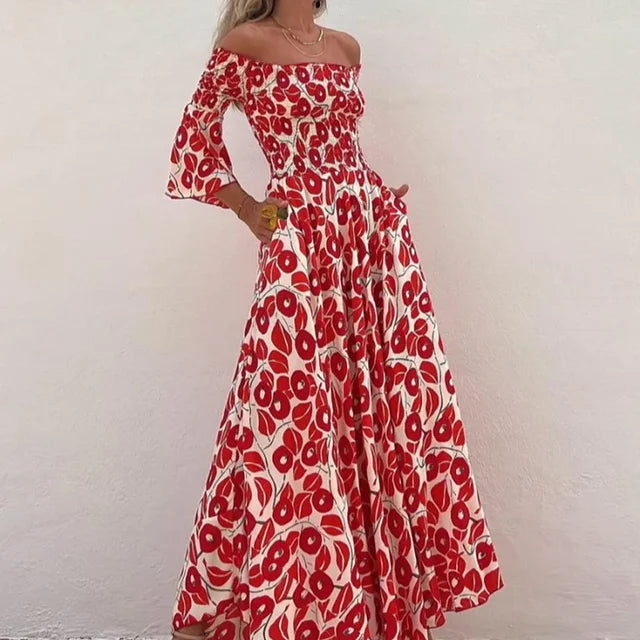 Lillymoda | Amora - Bedrucktes Maxikleid mit Off-Shoulder