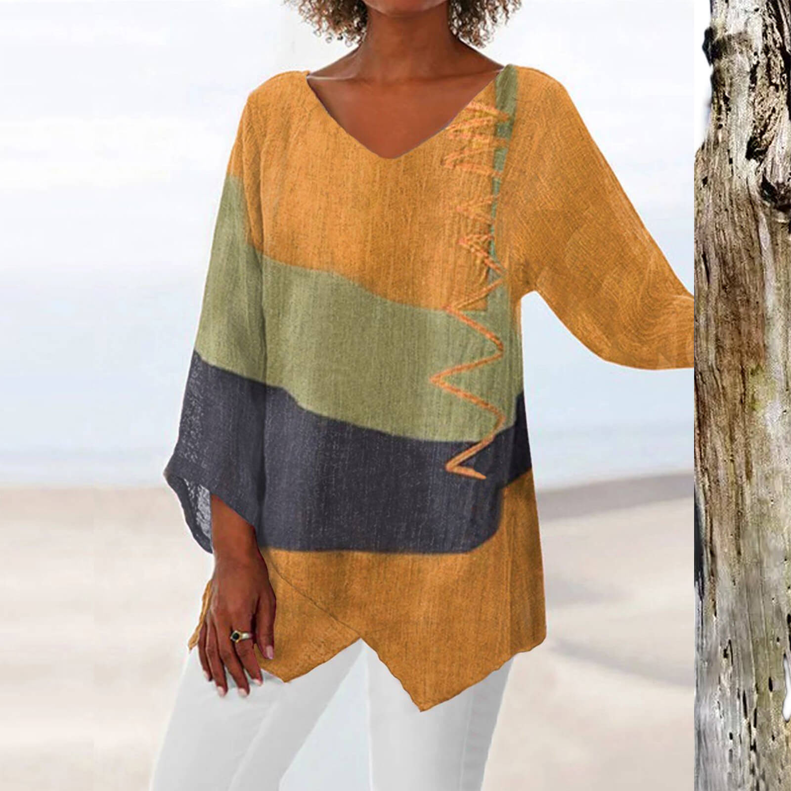 Damen Sommerbluse mit Streifen und Stehkragen – Leonie