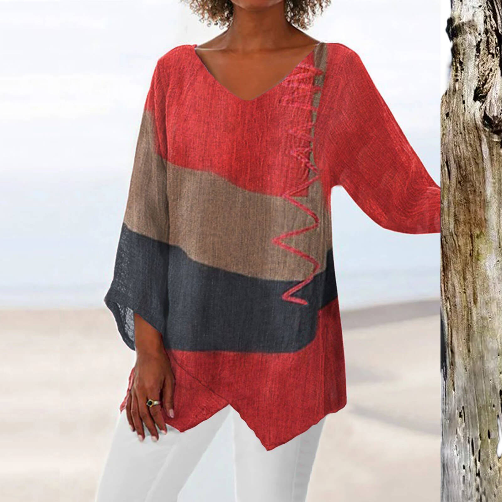 Damen Sommerbluse mit Streifen und Stehkragen – Leonie