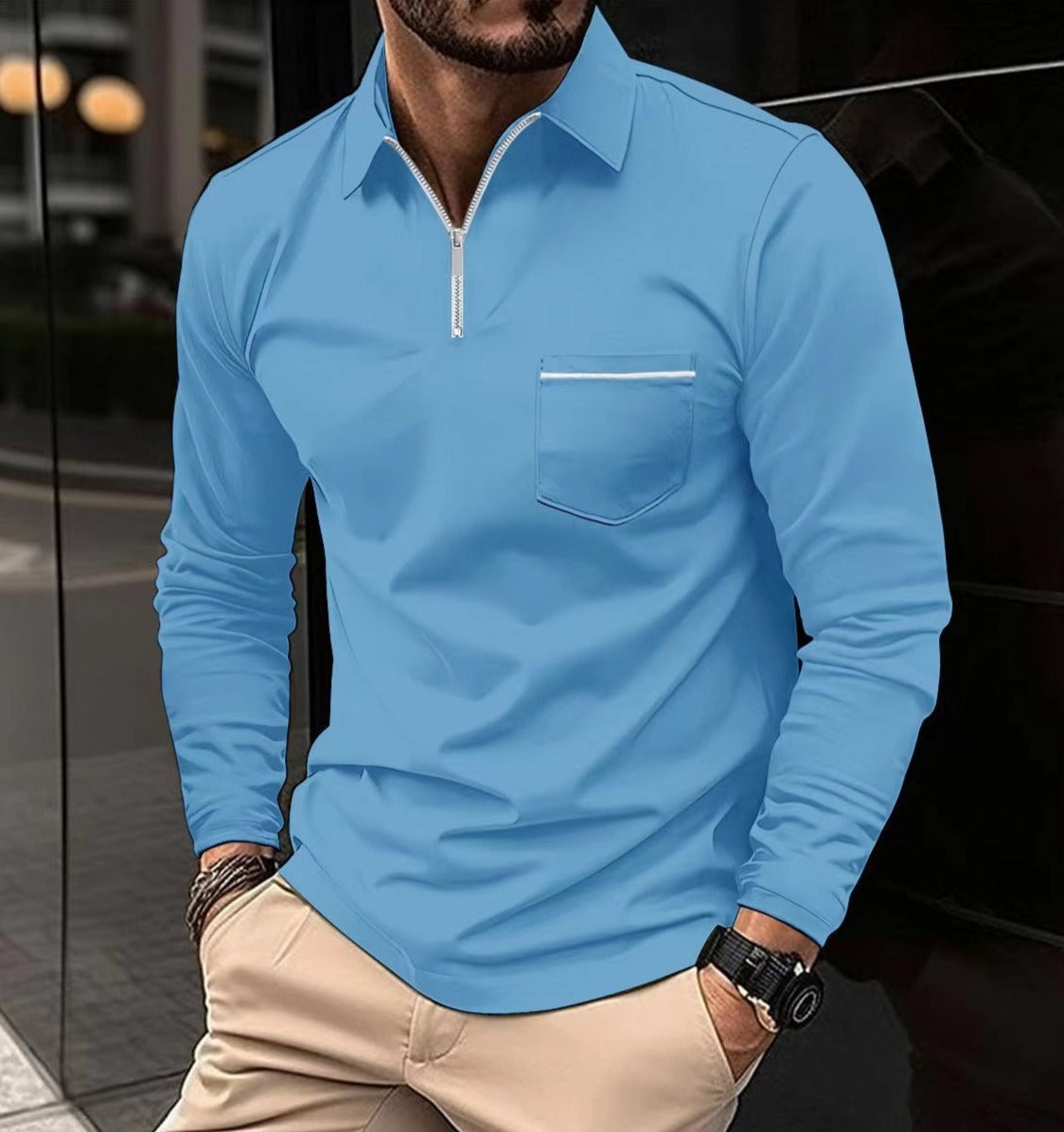 Alfons - Polo im Golfstil mit langen Ärmeln und Reißverschlusskragen