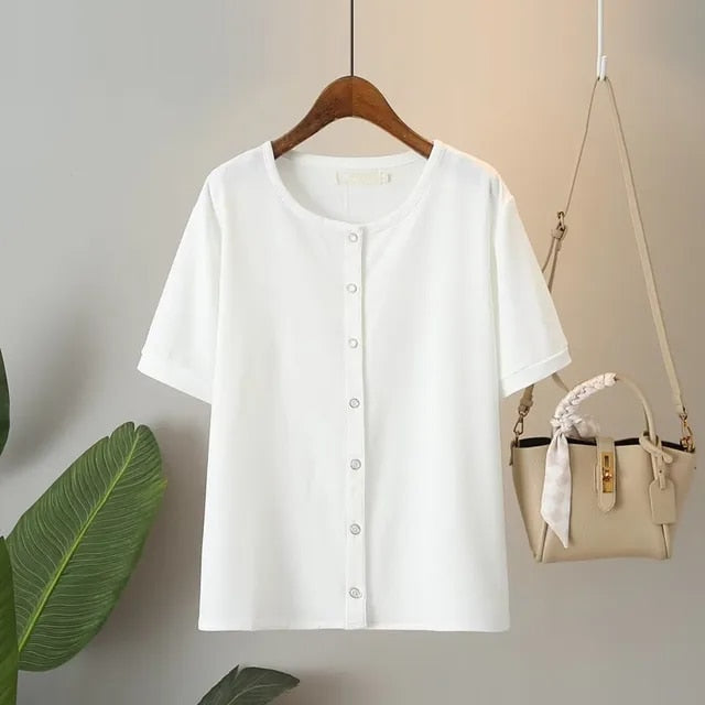 Katheryn - Einfaches Strickwaffel-Stretch-Rundhals-T-Shirt mit kurzen Ärmeln