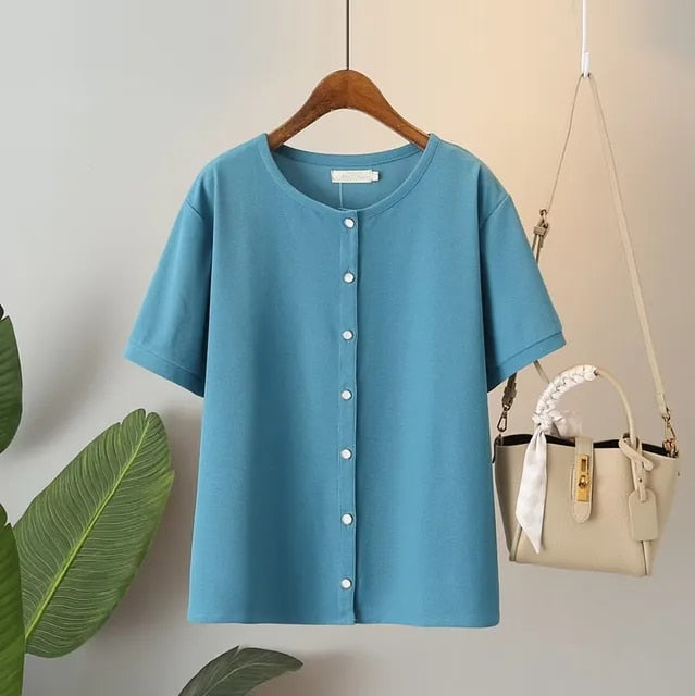Katheryn - Einfaches Strickwaffel-Stretch-Rundhals-T-Shirt mit kurzen Ärmeln