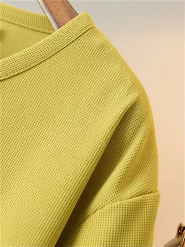 Katheryn - Einfaches Strickwaffel-Stretch-Rundhals-T-Shirt mit kurzen Ärmeln