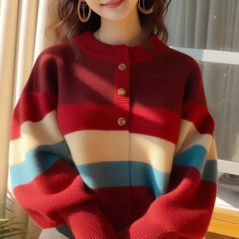 Damen Gestreifter Strickpullover mit Knopfleiste - Mirka