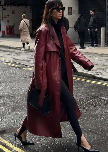 Lillymoda | Andrea - Lange Lederjacke mit Schnürung für Frauen