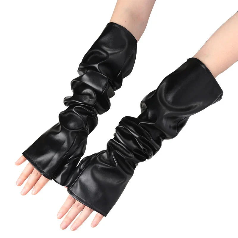 Handschuhe lang fingerlos aus PU-Leder punkig schwarz für Frauen
