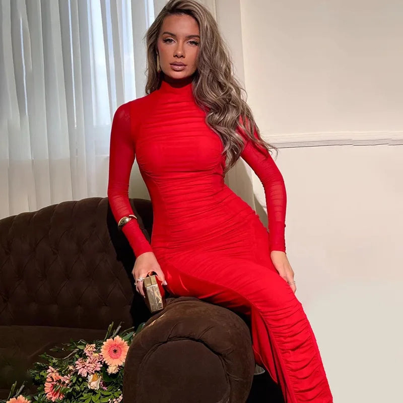 Lillymoda |  Scarlett - Langes Bodycon-Kleid mit Falten