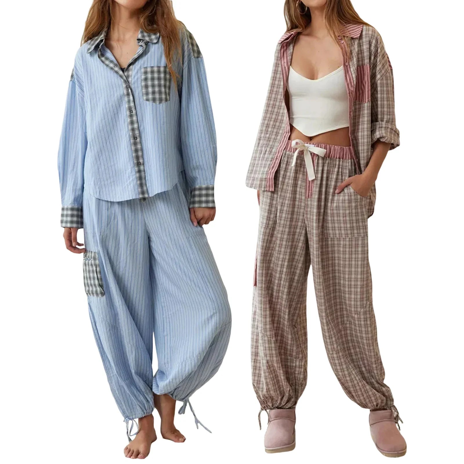 Lillymoda | Amelia - Kariertes Pyjama-Set für Frauen [Langarm Oberteil + Hose]
