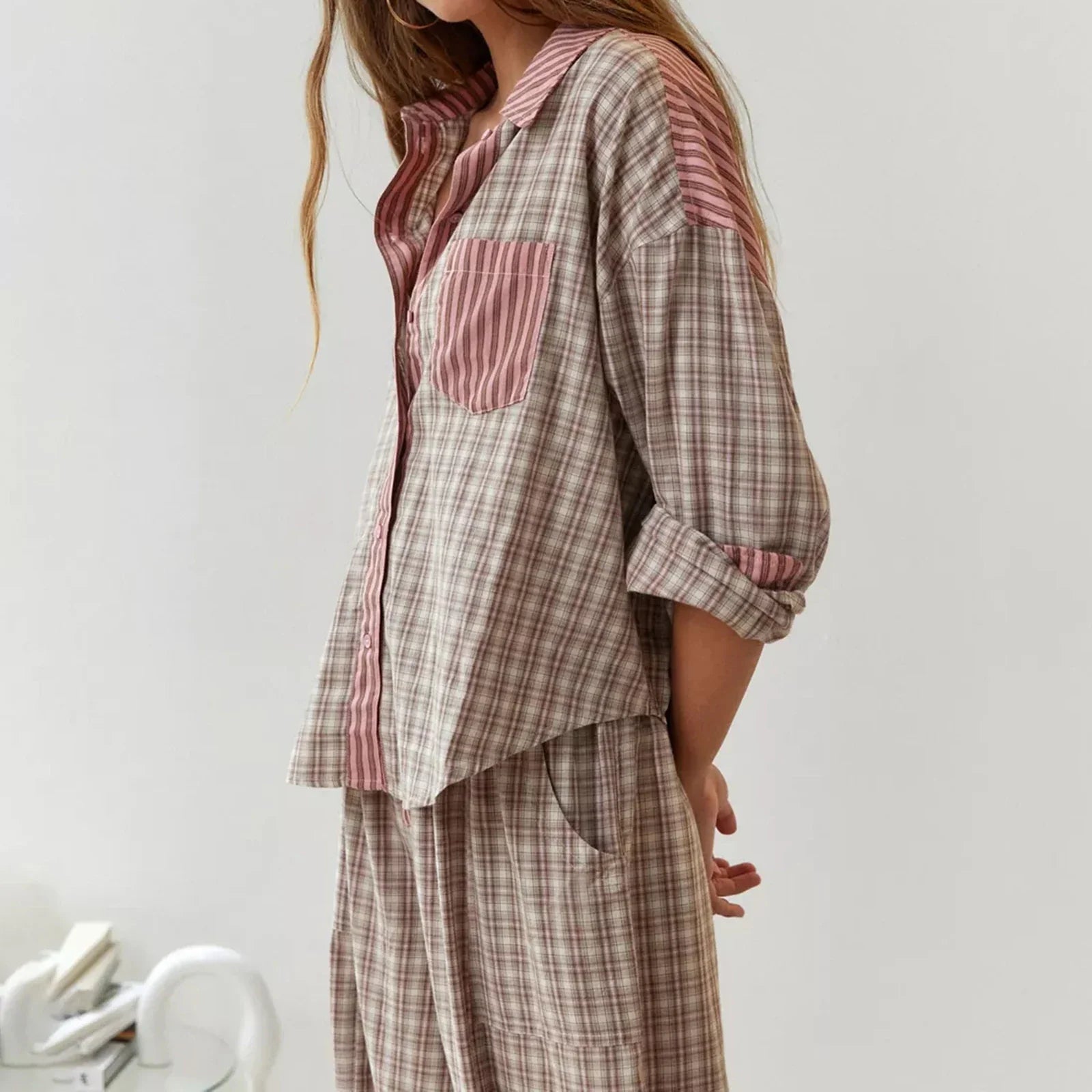 Lillymoda | Amelia - Kariertes Pyjama-Set für Frauen [Langarm Oberteil + Hose]