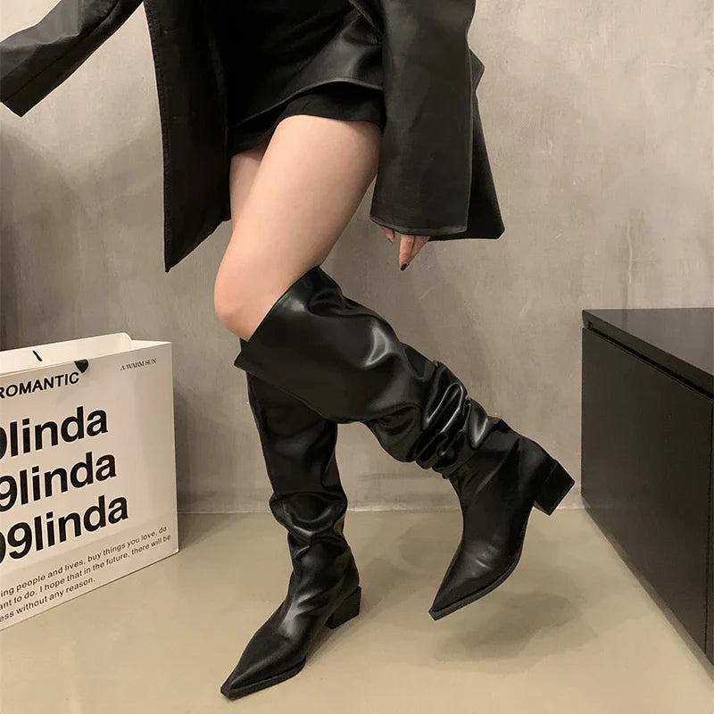 Lillymoda | Aaliyah - kniehohe Stiefel mit klobigem Absatz