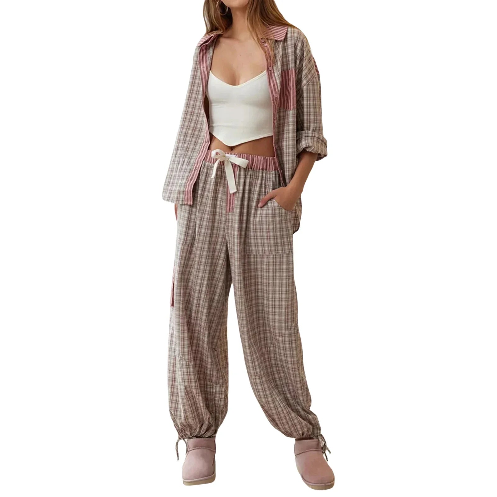Lillymoda | Amelia - Kariertes Pyjama-Set für Frauen [Langarm Oberteil + Hose]