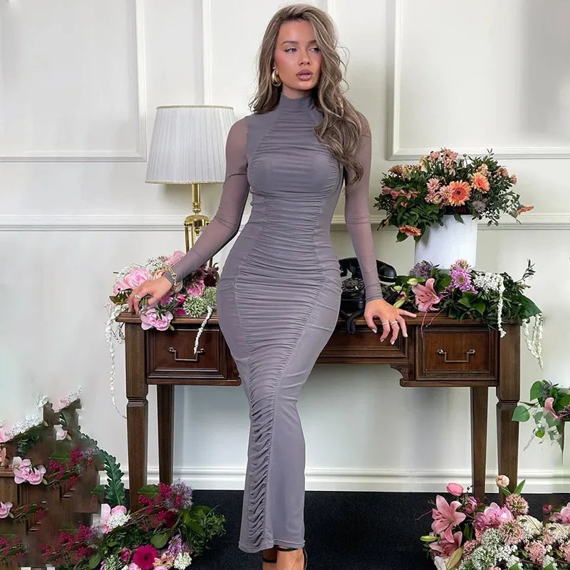 Lillymoda |  Scarlett - Langes Bodycon-Kleid mit Falten