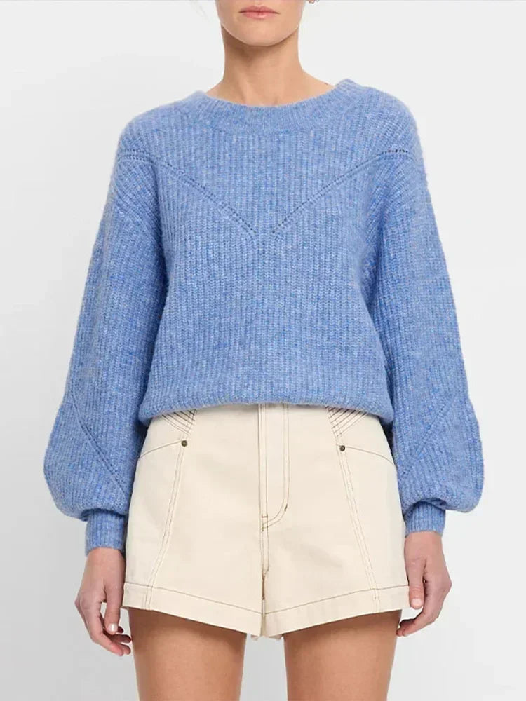 Blauer Strick Rundhals Pullover – Herbst 2024 Must-Have - Lucia