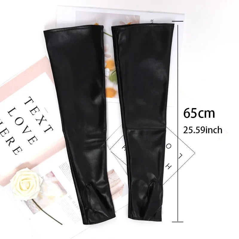 Handschuhe lang fingerlos aus PU-Leder punkig schwarz für Frauen