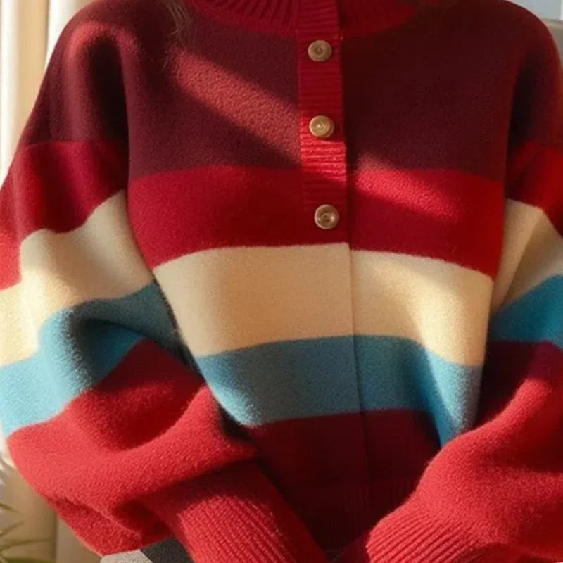 Damen Gestreifter Strickpullover mit Knopfleiste - Mirka