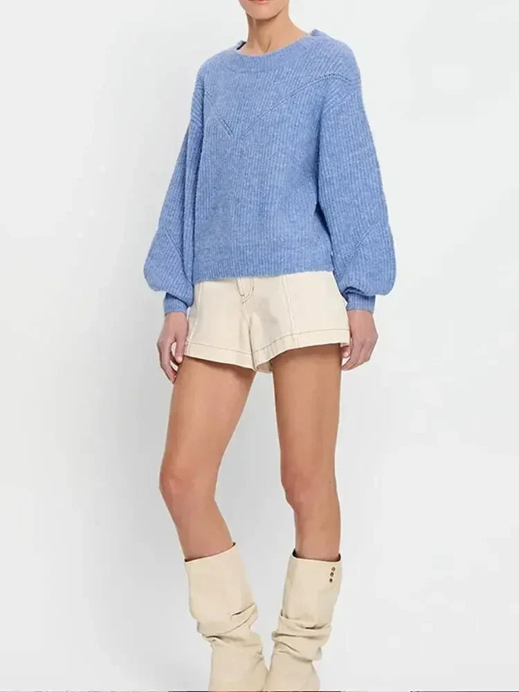 Blauer Strick Rundhals Pullover – Herbst 2024 Must-Have - Lucia