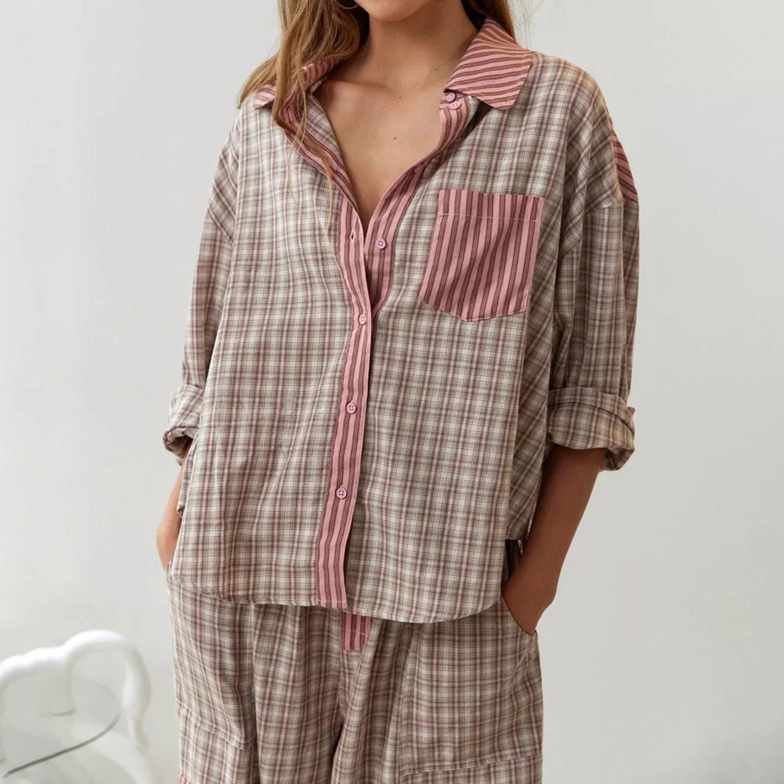 Lillymoda | Amelia - Kariertes Pyjama-Set für Frauen [Langarm Oberteil + Hose]
