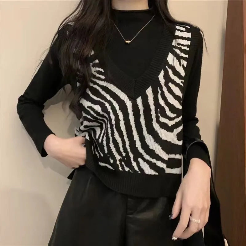 Kurzarm Zebra-Muster Weste mit V-Ausschnitt Y2K - Karyn