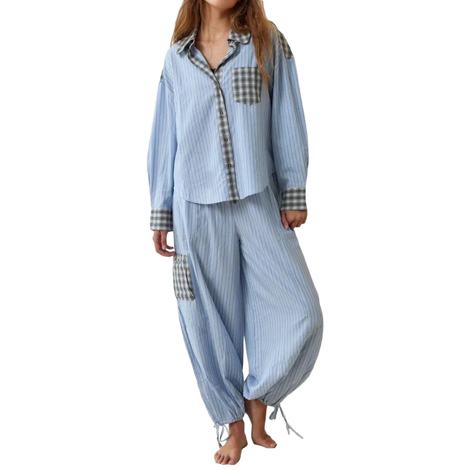 Lillymoda | Amelia - Kariertes Pyjama-Set für Frauen [Langarm Oberteil + Hose]