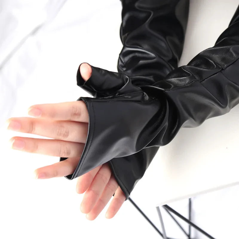 Handschuhe lang fingerlos aus PU-Leder punkig schwarz für Frauen