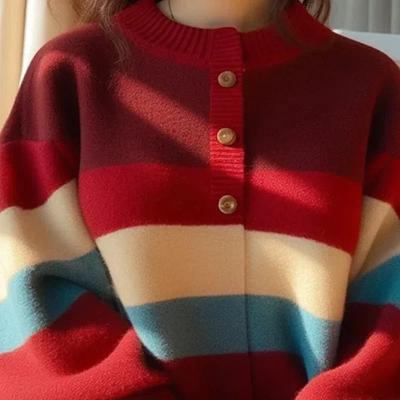 Damen Gestreifter Strickpullover mit Knopfleiste - Mirka