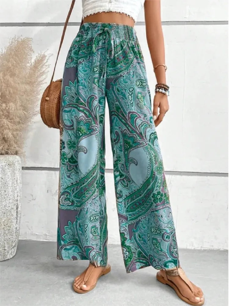 Sahana - Boho Strandhose mit Vintage-Print und weitem Bein