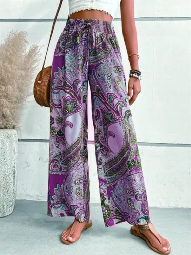 Sahana - Boho Strandhose mit Vintage-Print und weitem Bein