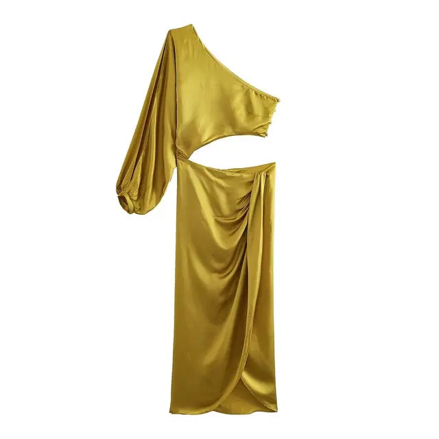 Lillymoda | Ciara - satiniertes langes Kleid mit asymmetrischem Ausschnitt