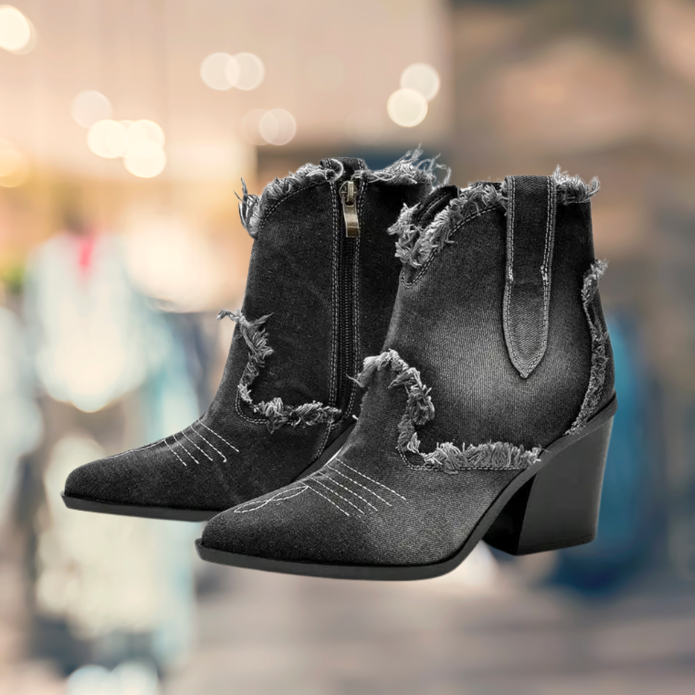 Lillymoda | Bridget - Retro Denim Stiefeletten mit klobigen Absätzen