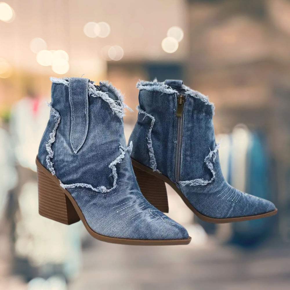 Lillymoda | Bridget - Retro Denim Stiefeletten mit klobigen Absätzen